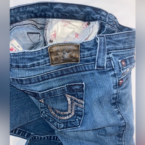 True Religion TORY Boot Cut BLUE Jeans HORSESHOE Silver Studded Pocket Womens 28 - Picture 5 of 16